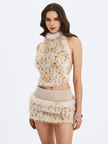 Sasha Cheetah Backless Contoured Fur Halter Top | Tan