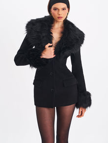 Hailee Single Breasted Wool Blend Mini Coat with Removable Fur Lapel | Black