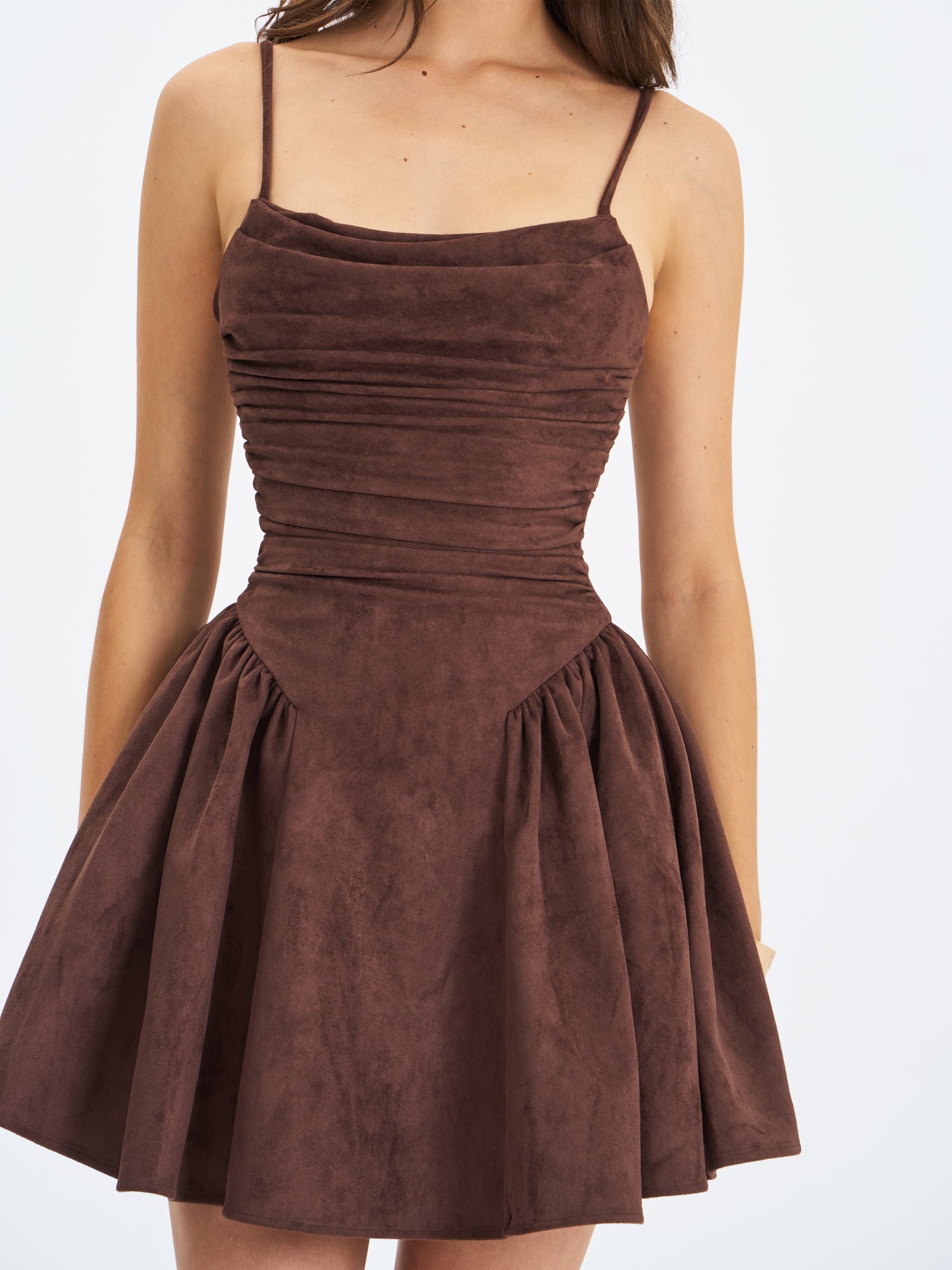 Raisa Vegan Suede Ruched Mini Dress | Mahogany