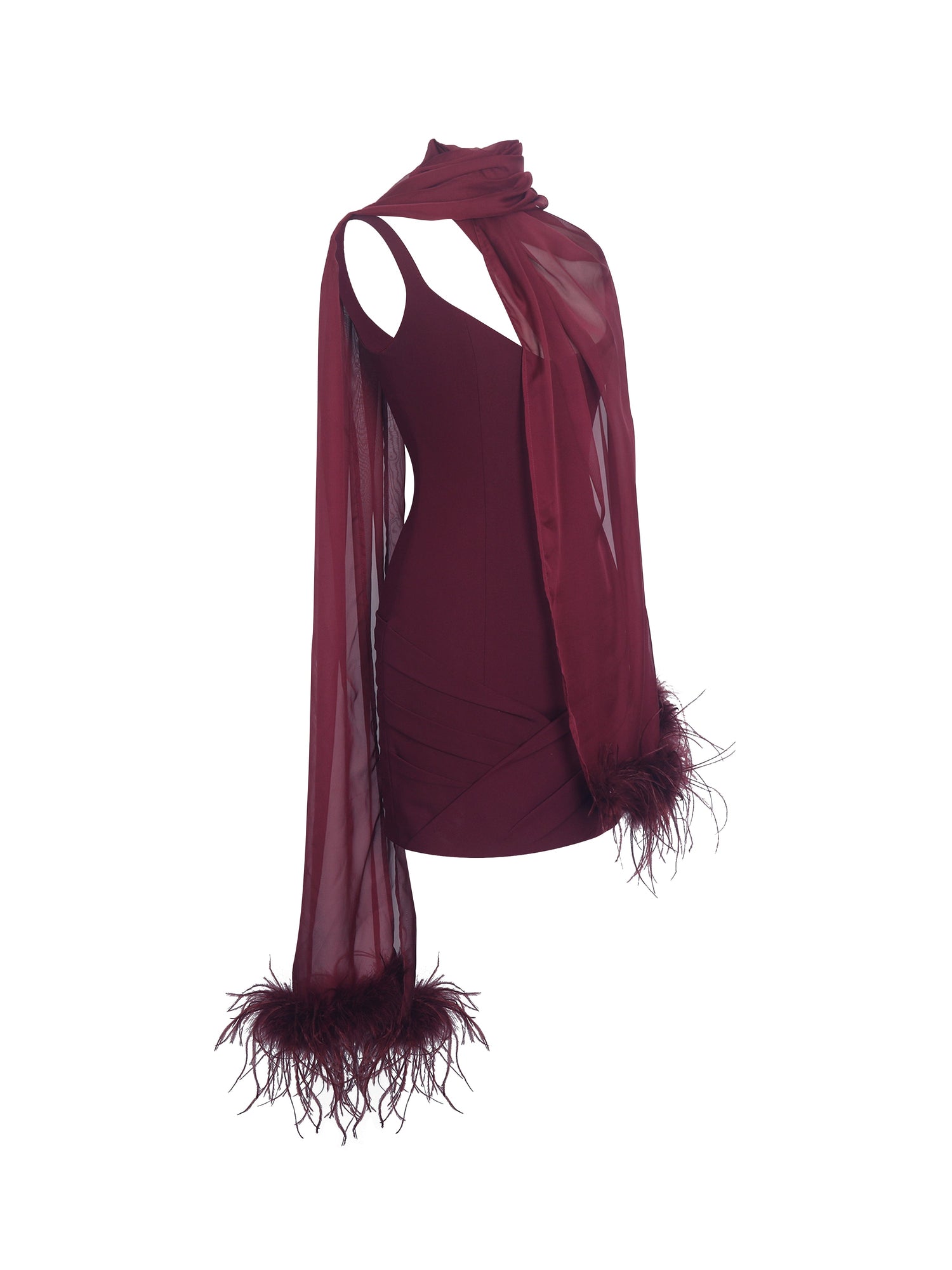 Tori Pleated Mini Dress with Chiffon Scarf | Wine Red