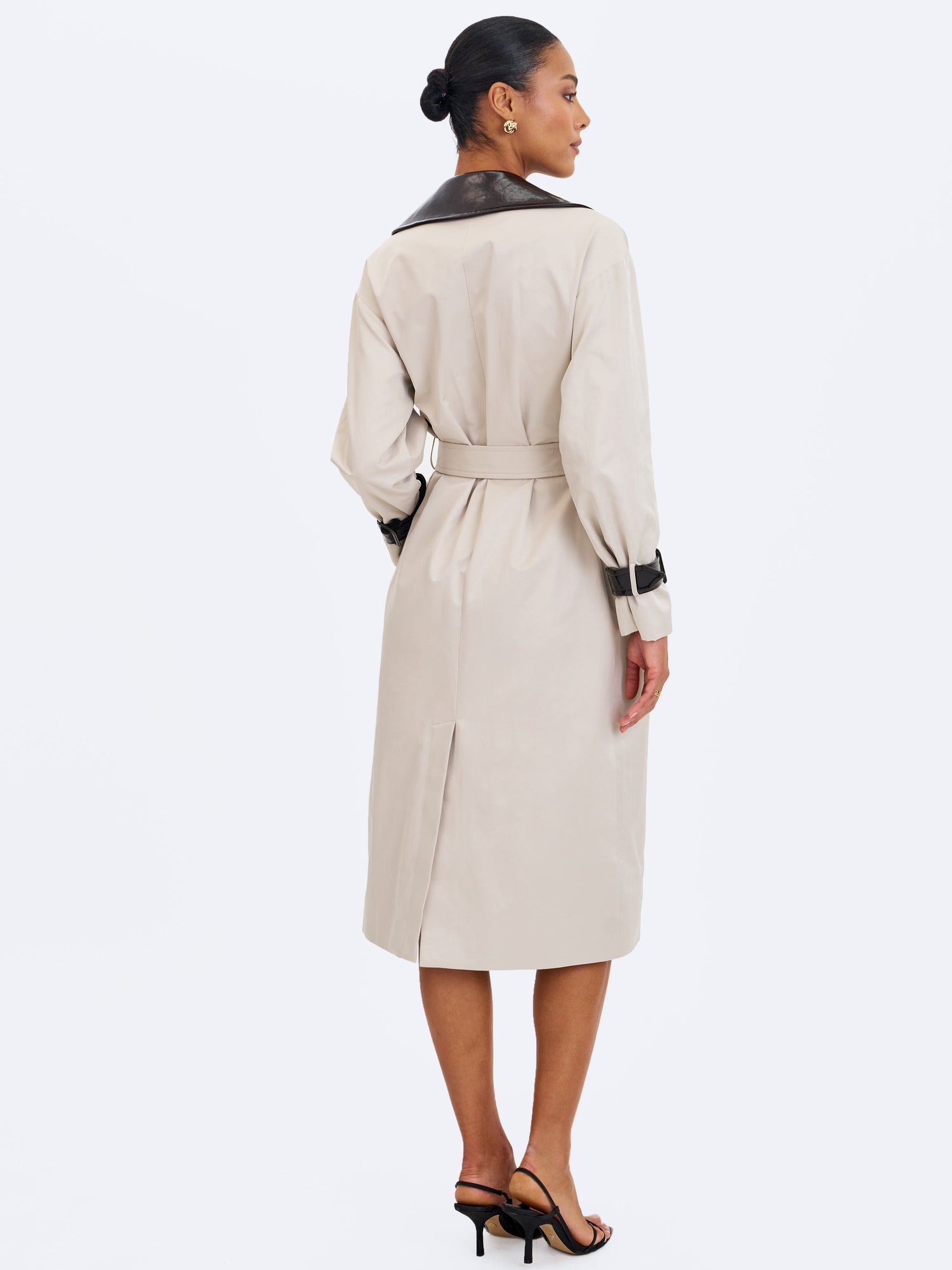Umber Double-Breasted Faux Leather Lapel Trench Coat | Oyster