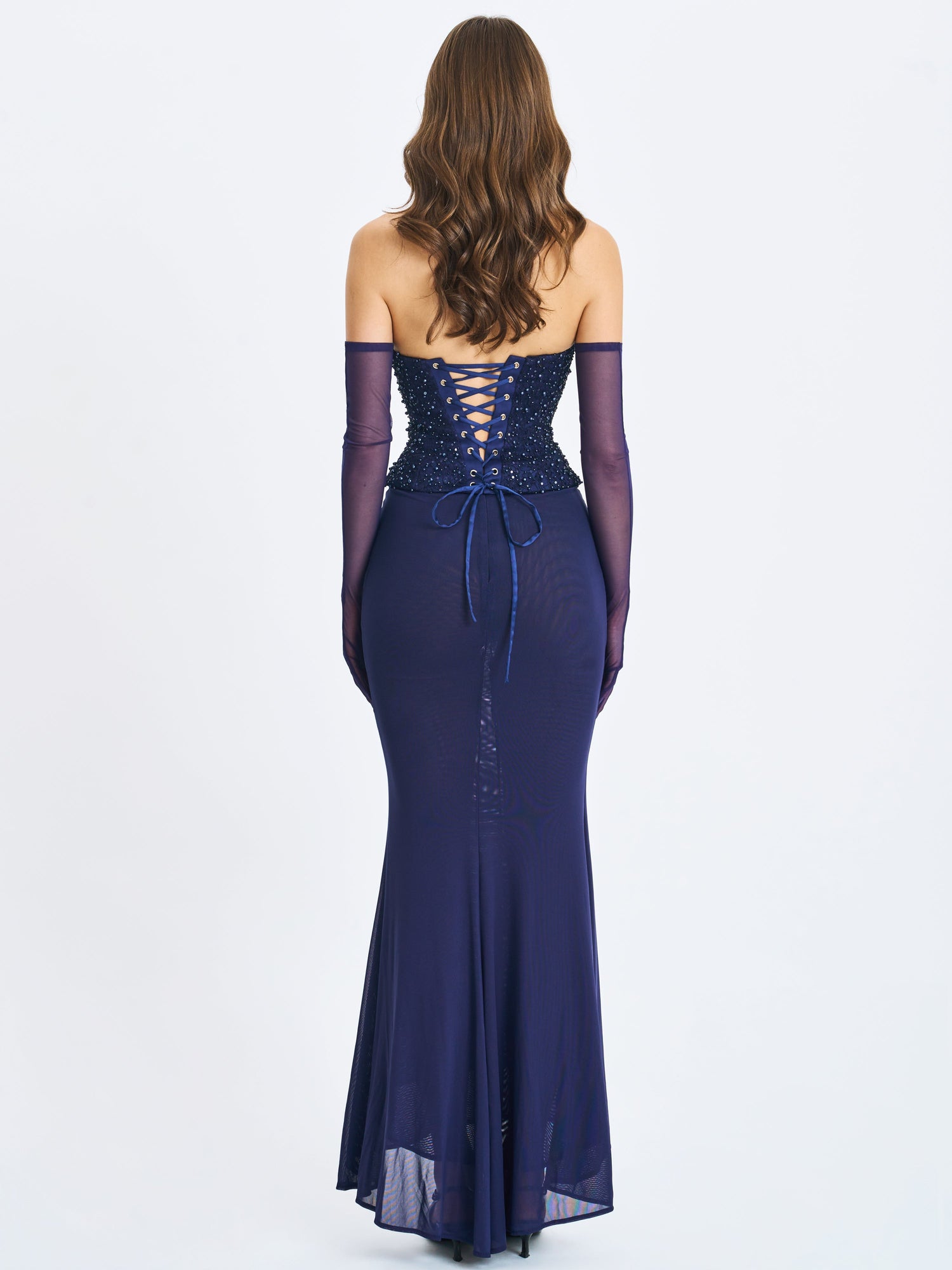 Orabelle Beaded Peplum Mermaid Maxi Gown with Lace-up Back | Navy