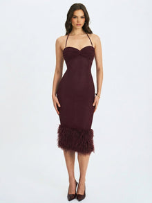 Pluma Halter Faux-Fur Trimmed Midi Dress | Maroon
