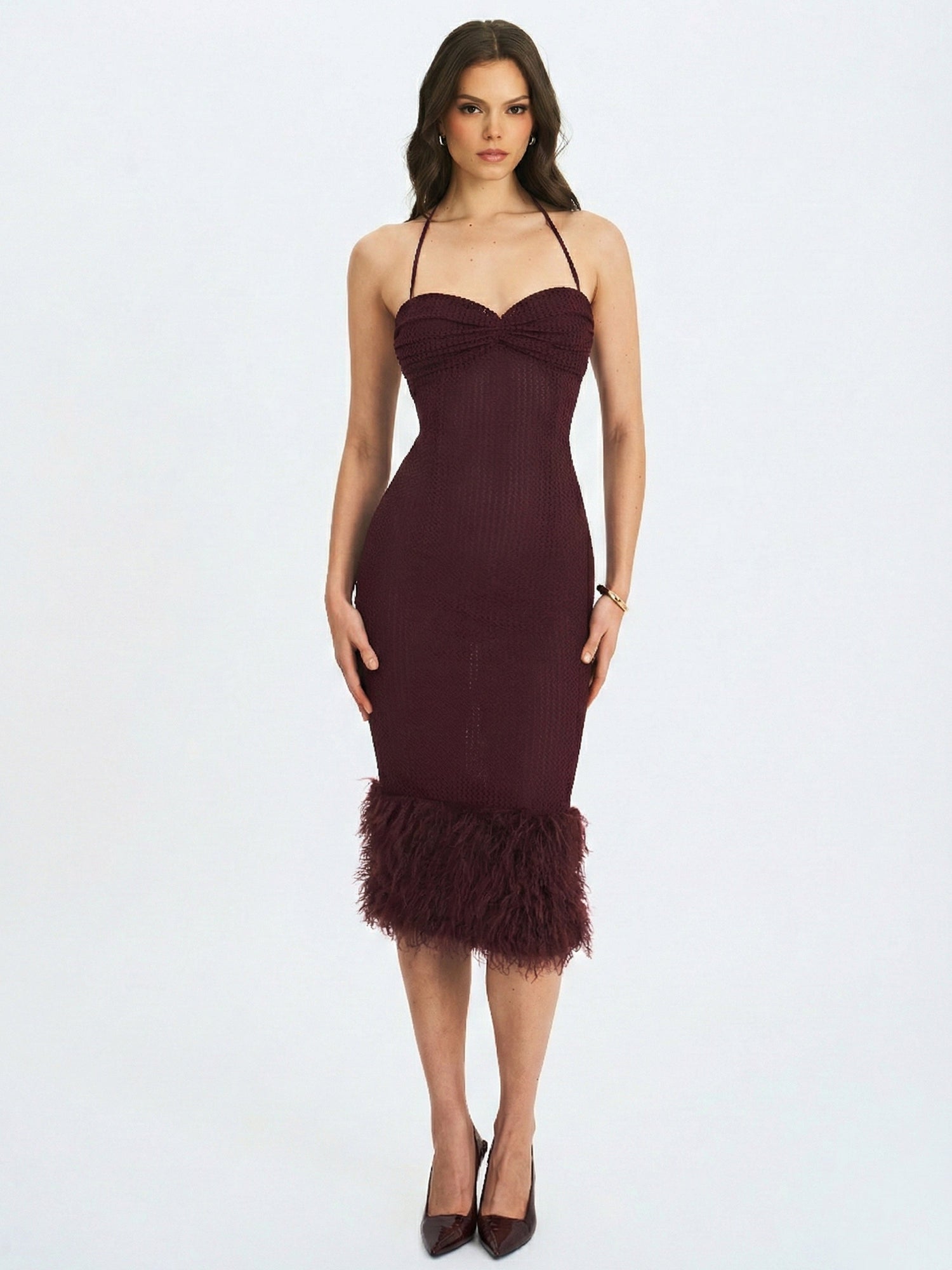 Pluma Halter Faux-Fur Trimmed Midi Dress | Maroon
