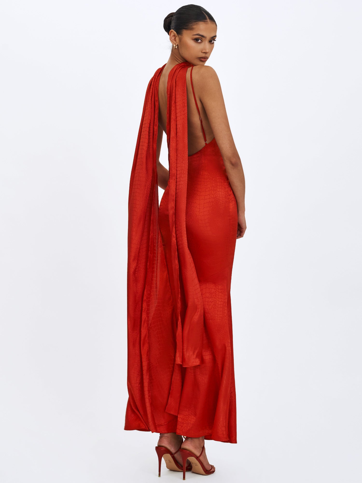 Kelsey Croc-Embossed Flared Hem Maxi Dress with Scarf | Scarlet