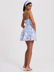 Taleah Floral Print Linen Mini Dress with Lace Trim | Blue