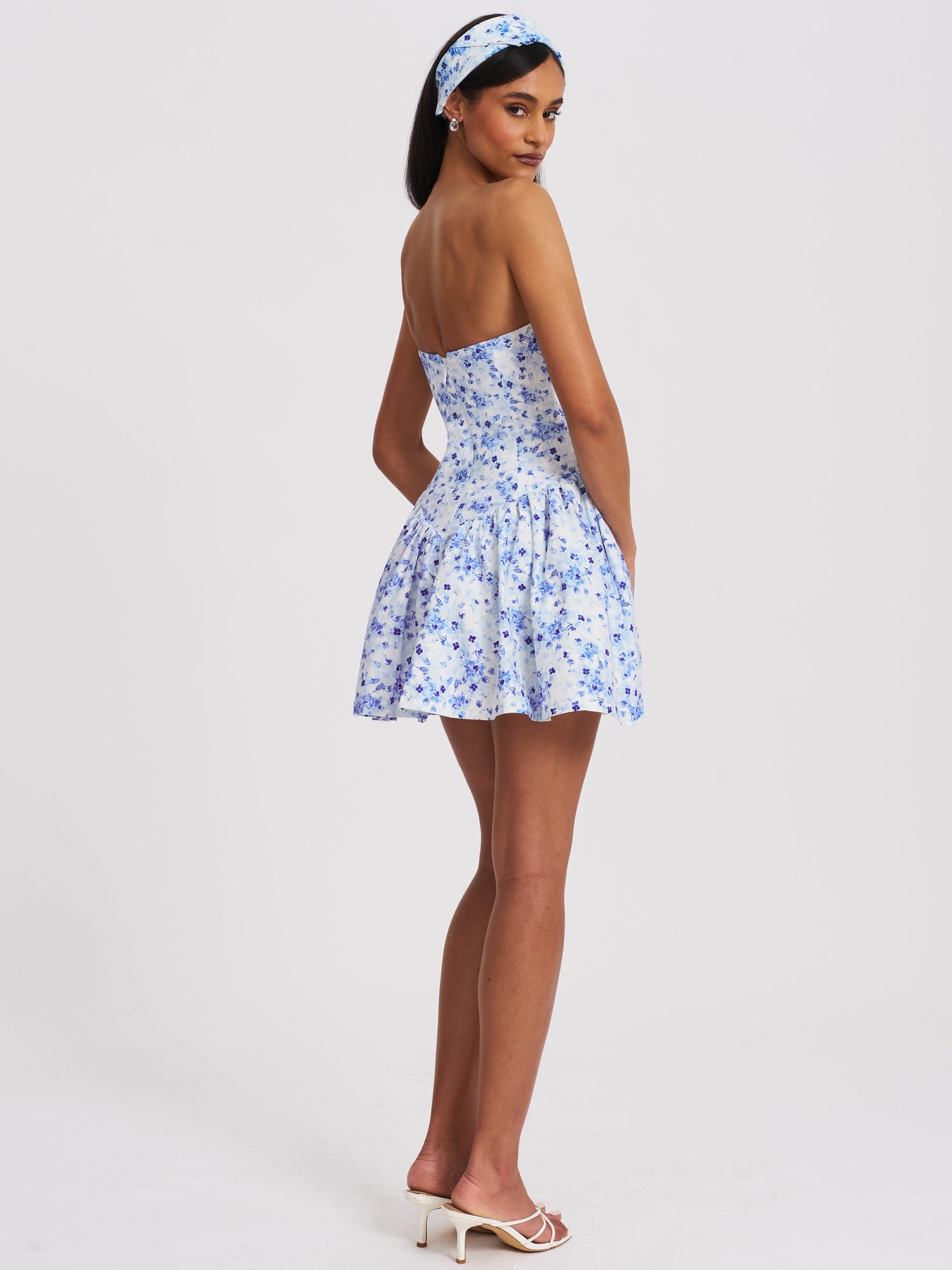 Taleah Floral Print Linen Mini Dress with Lace Trim | Blue