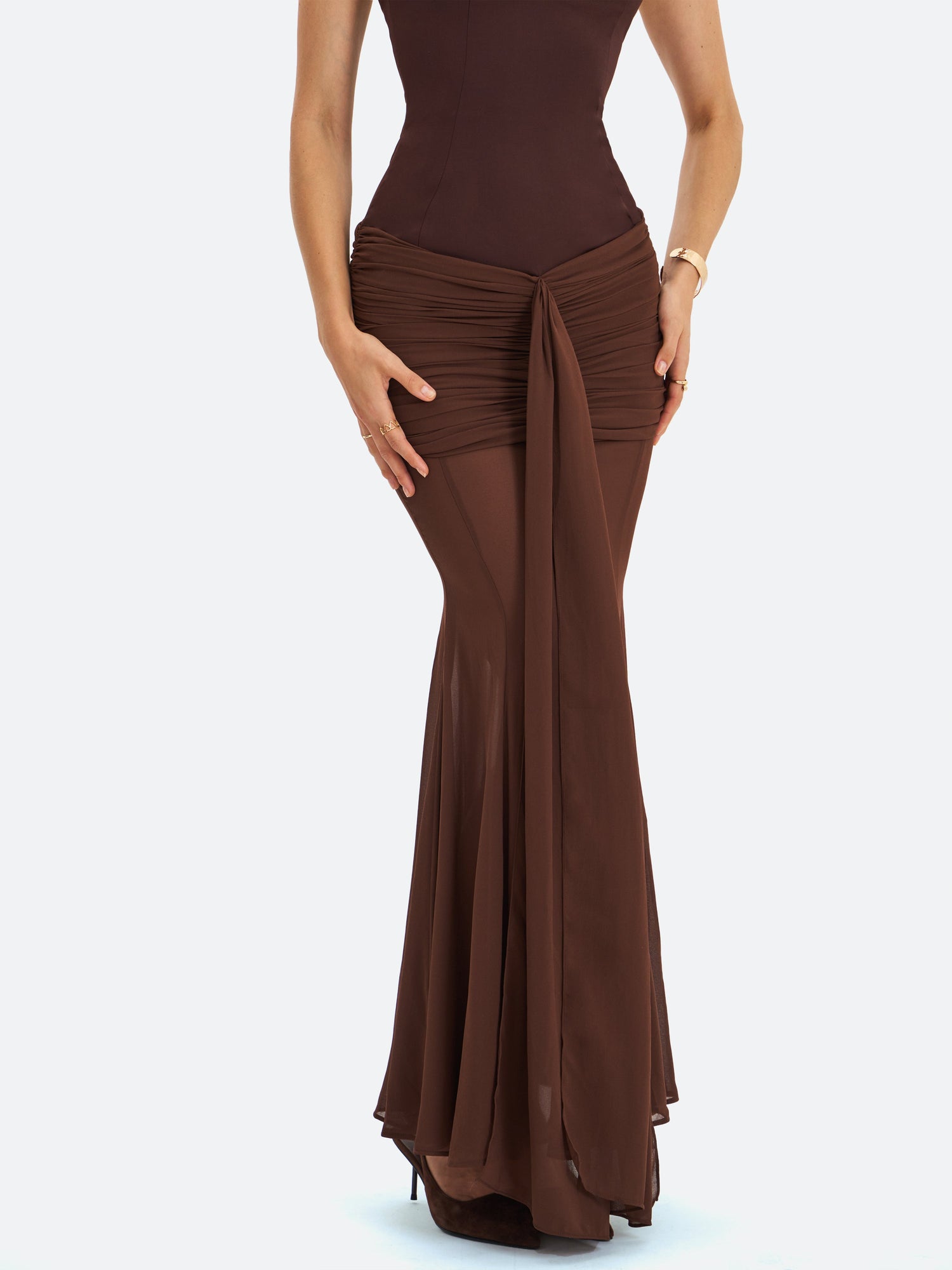 Giovana Sweetheart Draped Mesh Mermaid Maxi Dress | Espresso