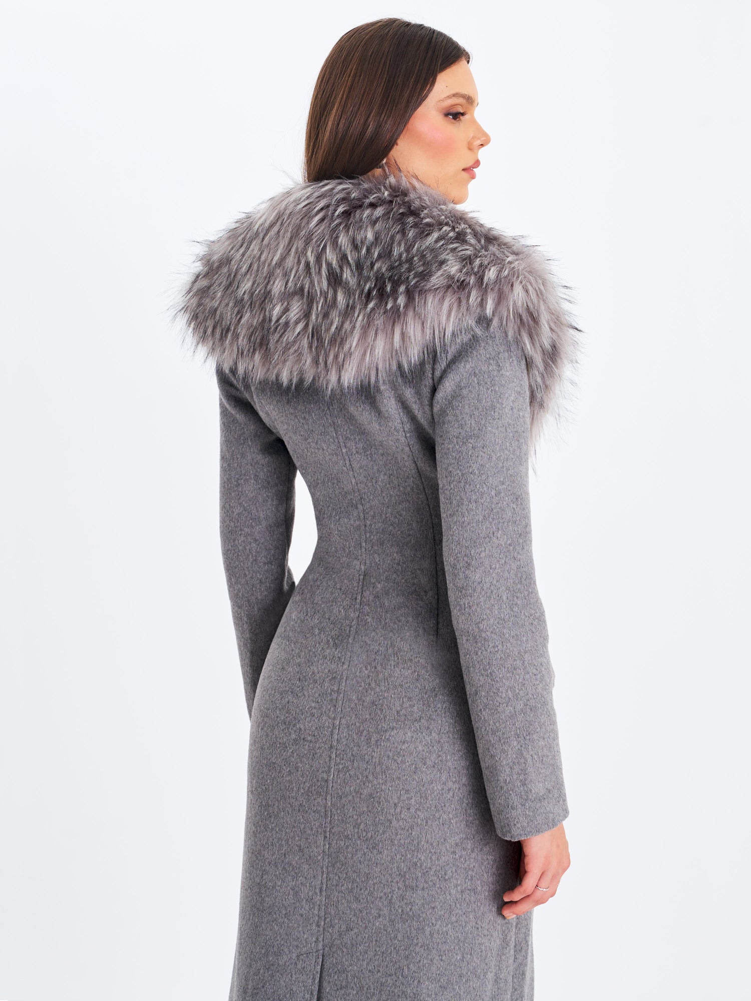 Faye Wool Blend Single-Breasted Coat with Removable Faux Fur Collar | Grey