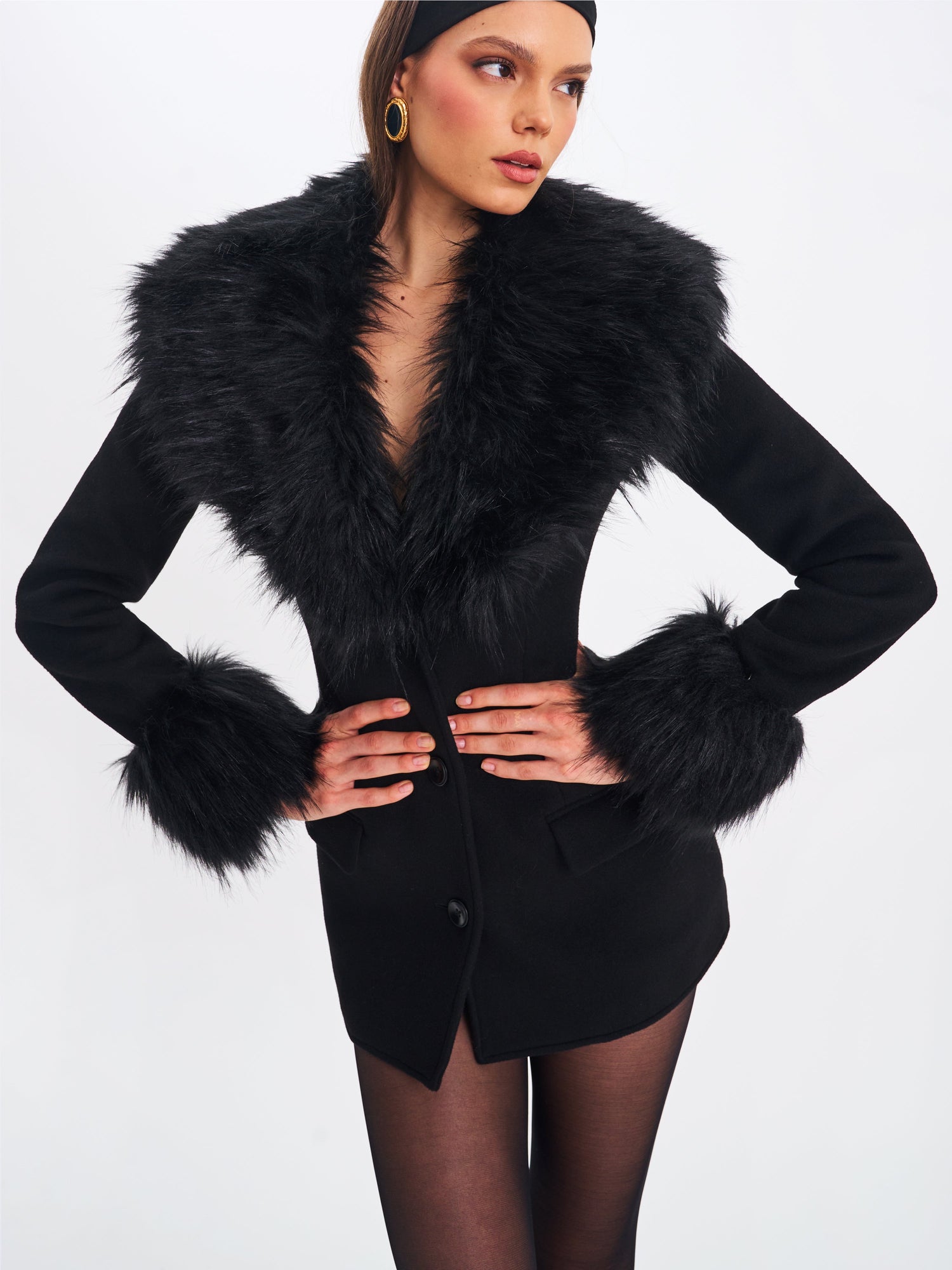 Hailee Single Breasted Wool Blend Mini Coat with Removable Fur Lapel | Black