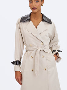 Umber Double-Breasted Faux Leather Lapel Trench Coat | Oyster
