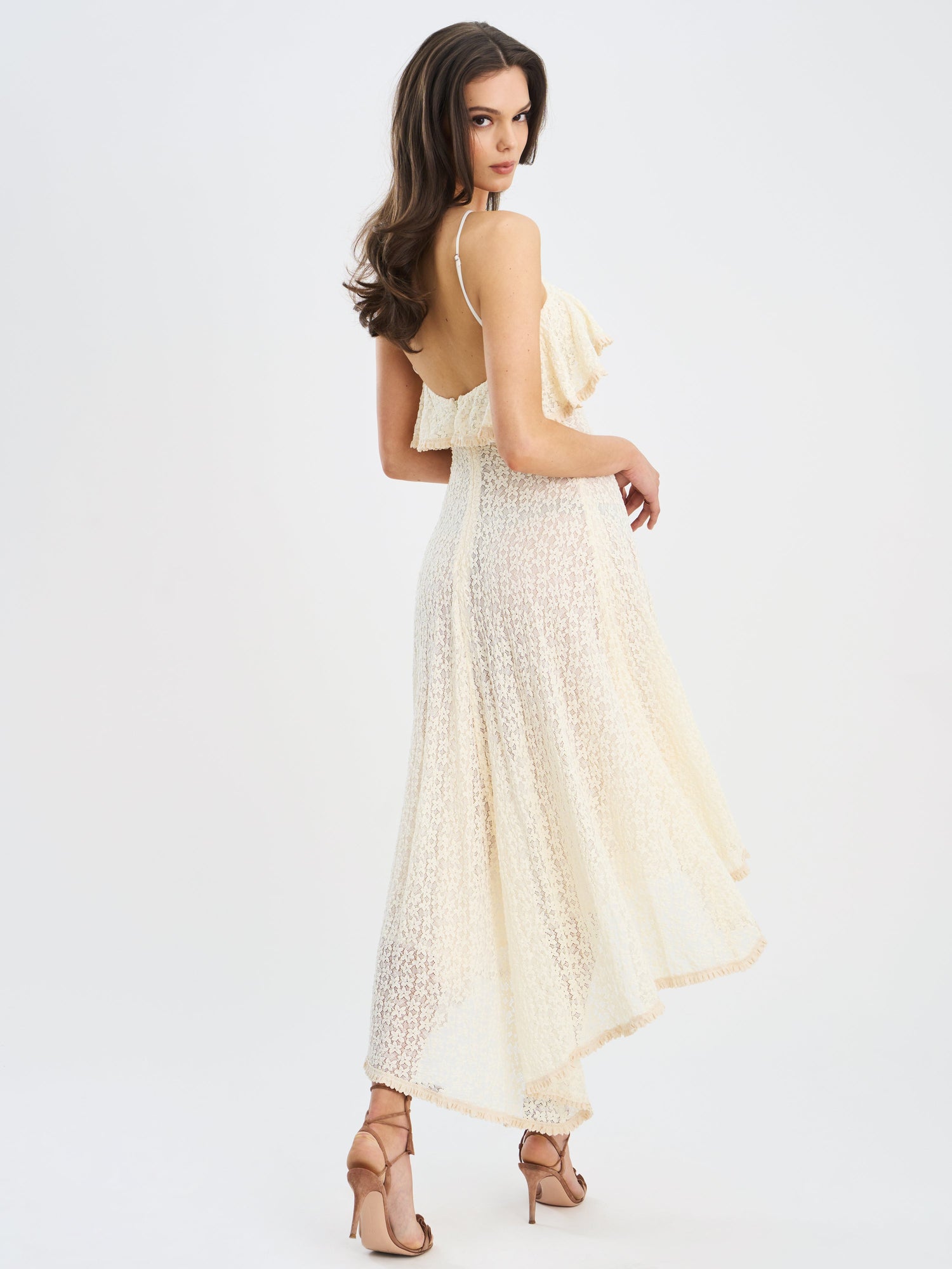 Idra Lace Trim Sleeveless Crochet Midi Trailing Dress | Beige
