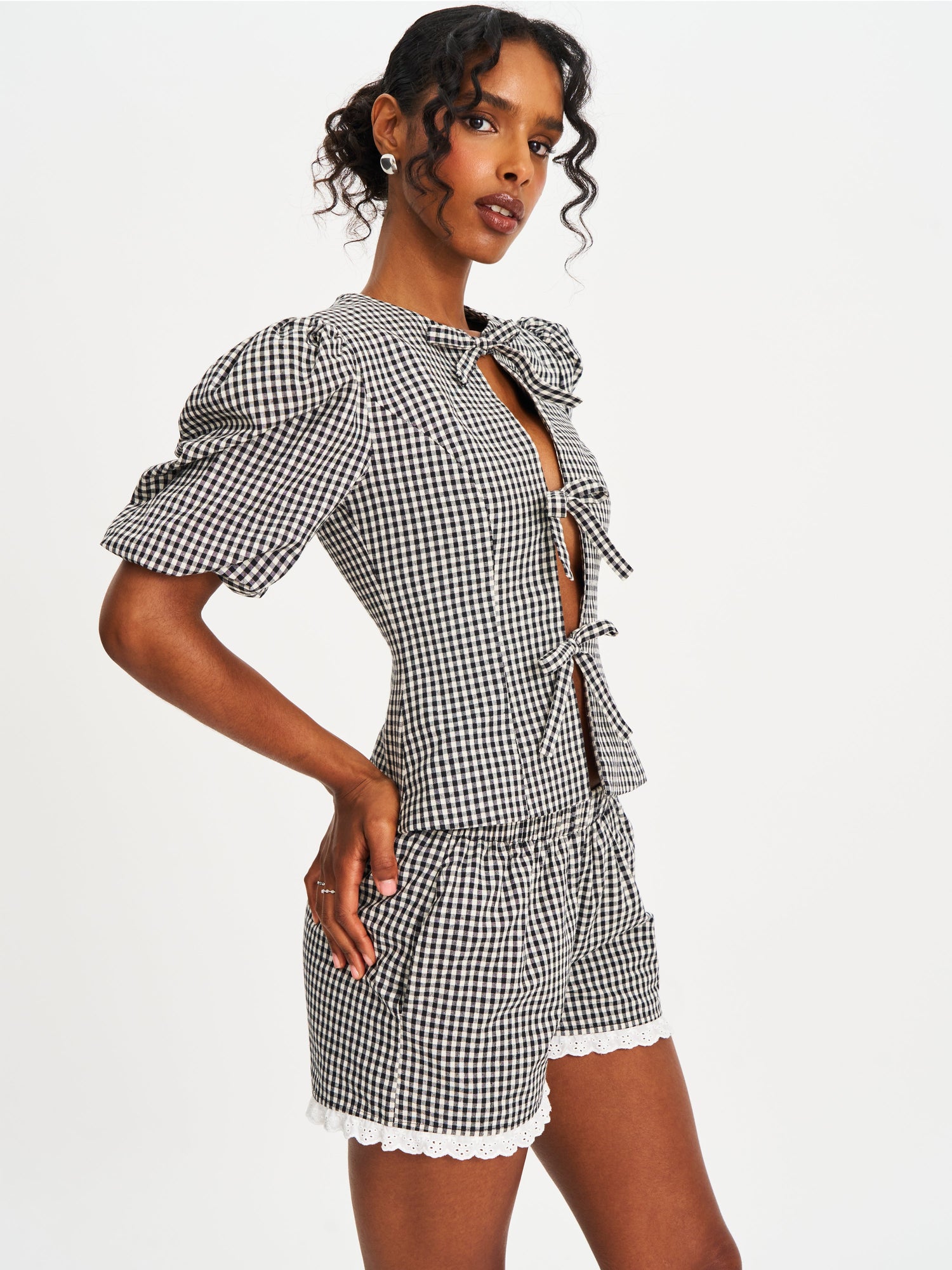 Qusayla Cotton Bubble Sleeve Bowtie Top | Black Gingham
