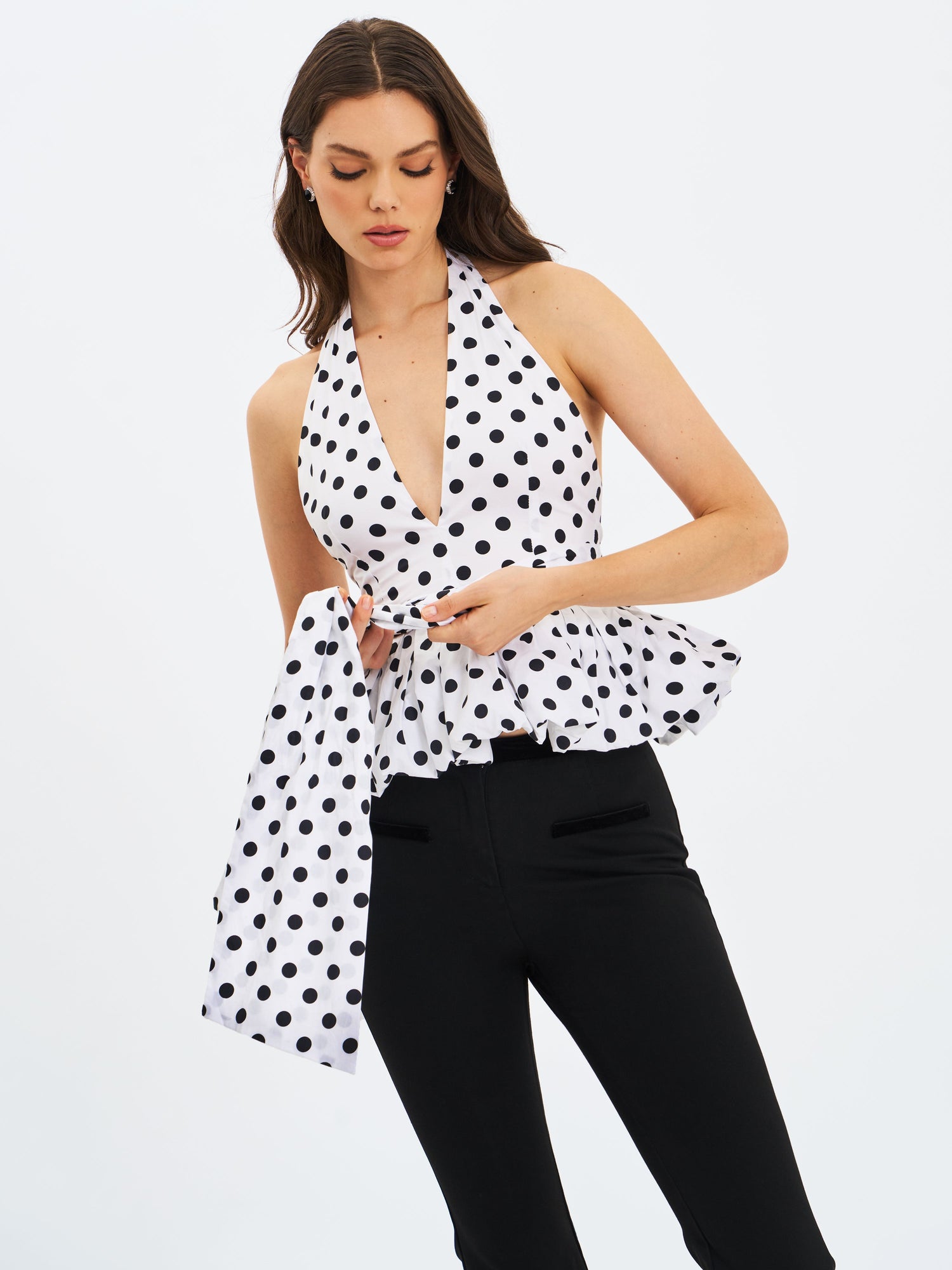 Ilene Polka Dot Cotton Poplin Bubble Hem Halter Top | Black and White Polka Dot