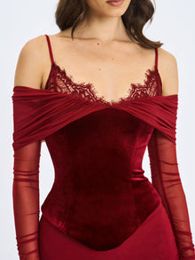 Maybelle Bardot Lace Strap Peplum Maxi Dress | Magenta