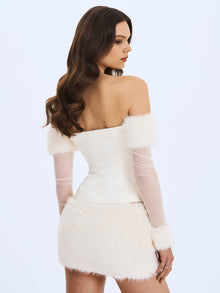 Nola Off-Shoulder Fur Trimmed Top | Ivory