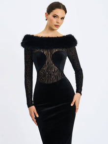 Alexis Velvet Animal Print Fur Boatneck Maxi Dress | Black