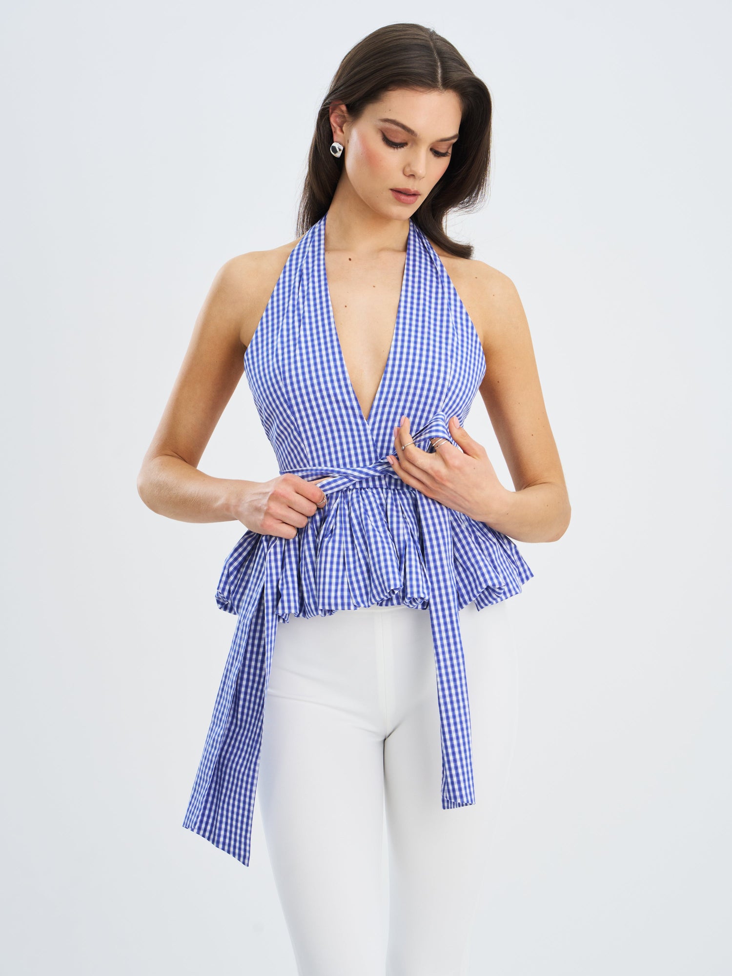 Ilene Blue Gingham Cotton Bubble Hem Halter Top | Baby Blue Gingham