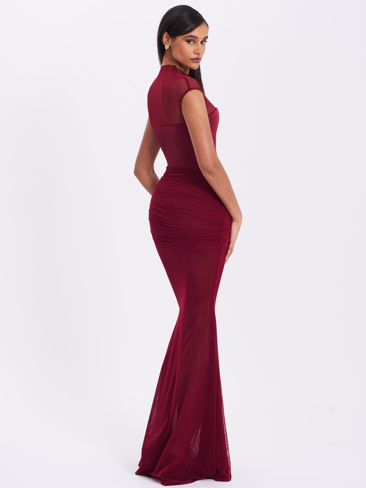Fabienne Mesh Cap Sleeve Mermaid Gown | Burgundy