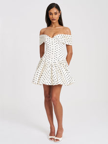 Edeline Polka Dot Off-shoulder Pleated Mini Dress | Black and White Polka Dot