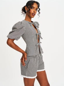 Qutayla Cotton Lace Trim Shorts | Black Gingham
