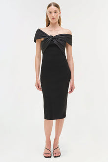Black off-shoulder midi dress with twisted neckline detail and fitted silhouette.