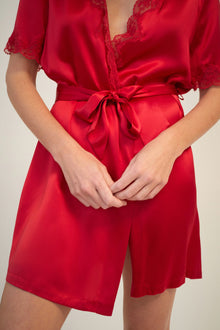 Silk Short Wrap Gown with Lace Trim | Ruby