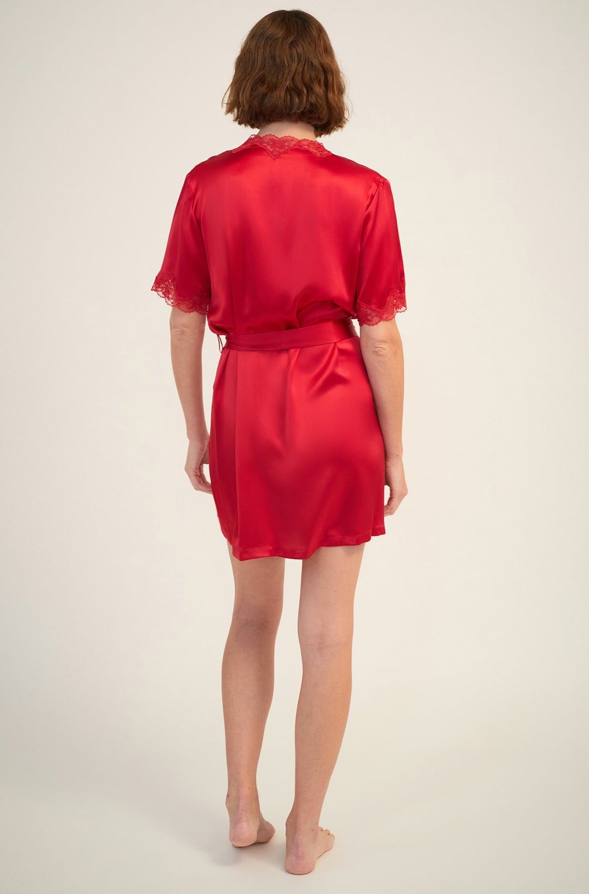 Silk Short Wrap Gown with Lace Trim | Ruby