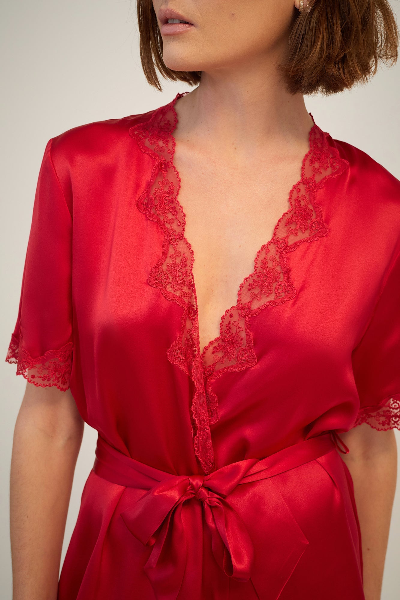 Silk Short Wrap Gown with Lace Trim | Ruby
