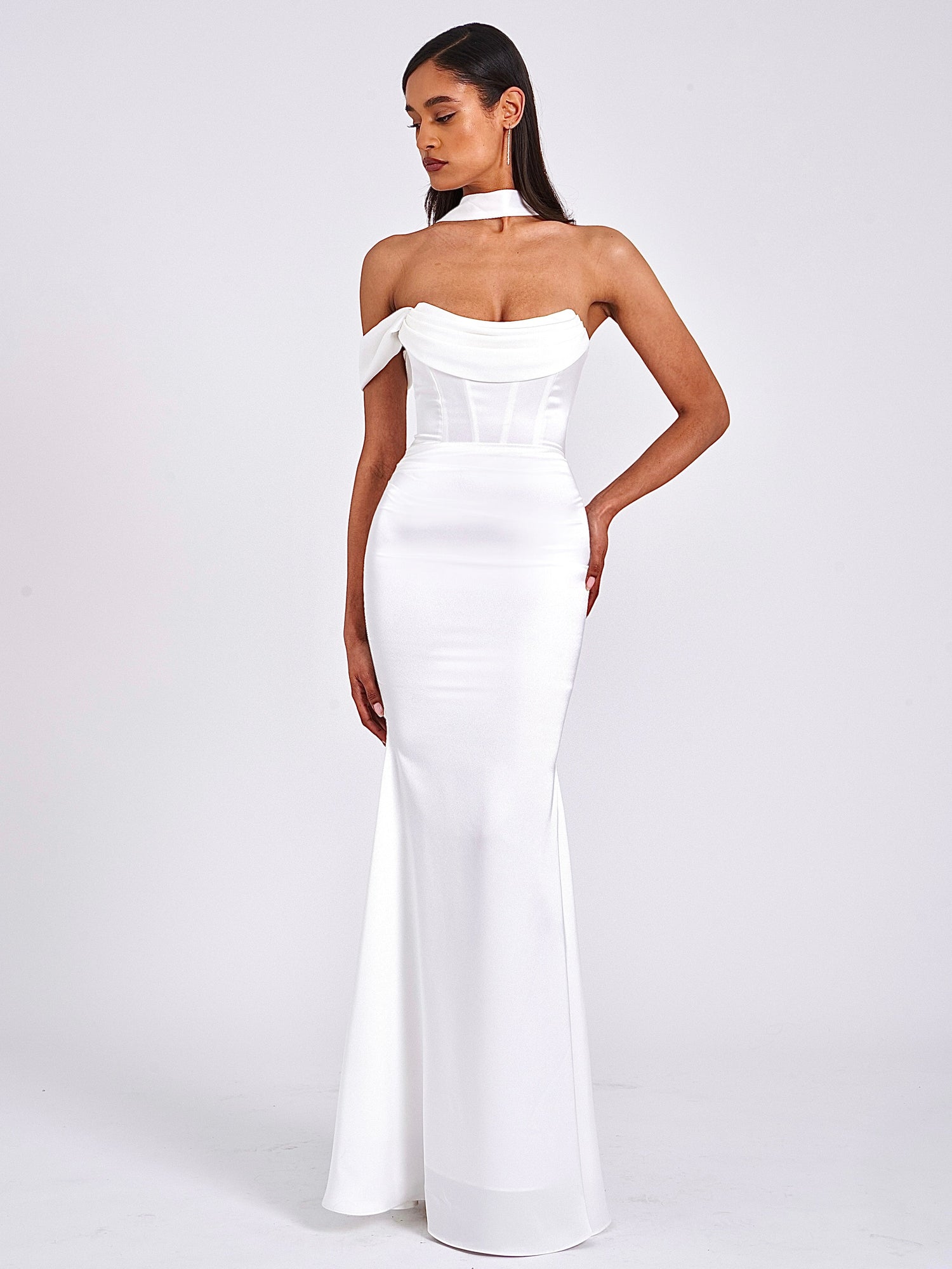 Ivona Halter Neck Double Duchess Satin Gown | White