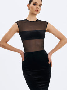 Quielle Mesh and Velvet Midi Bodycon Dress | Black