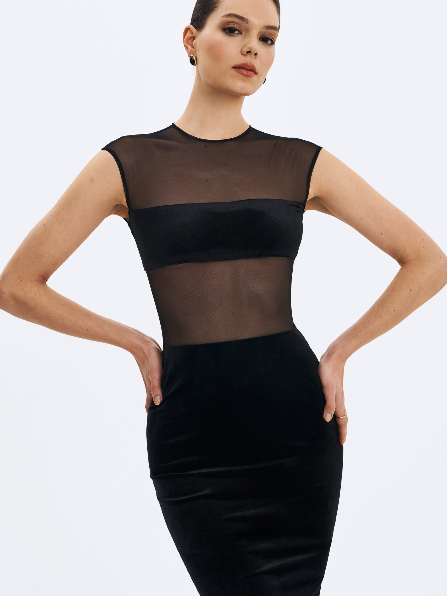 Quielle Mesh and Velvet Midi Bodycon Dress | Black