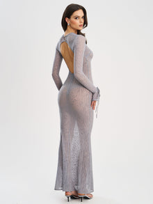 Waylynn Animal Print Burnout Velvet Detail Mesh Backless Maxi Dress | Gray