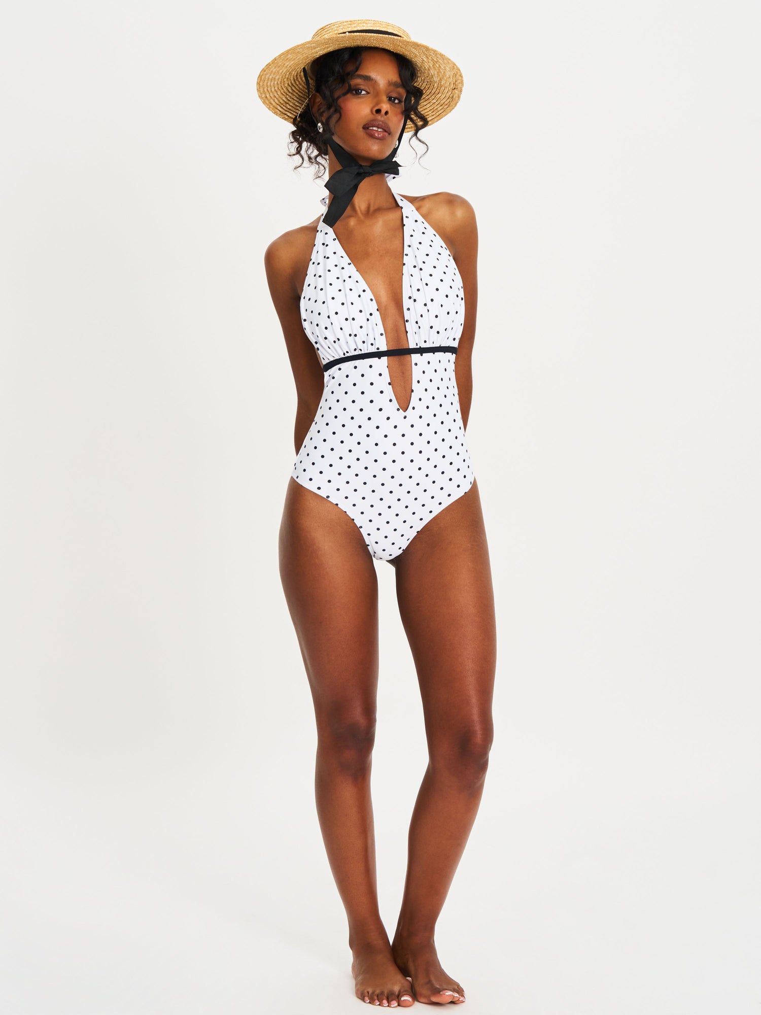 Olive Base Polka Dot Ruched Halter Backless Swimsuit | White