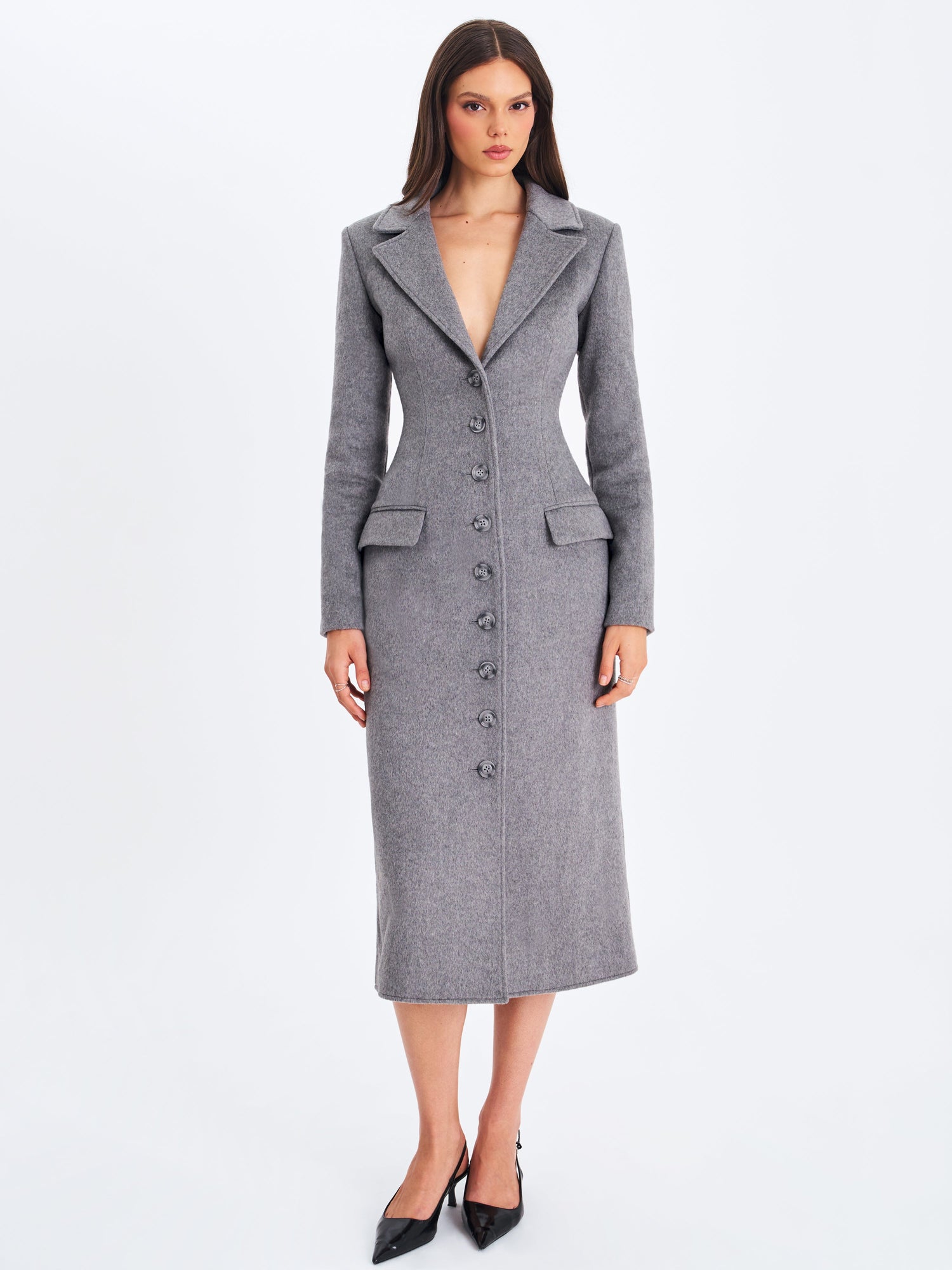 Faye Wool Blend Single-Breasted Coat with Removable Faux Fur Collar | Grey