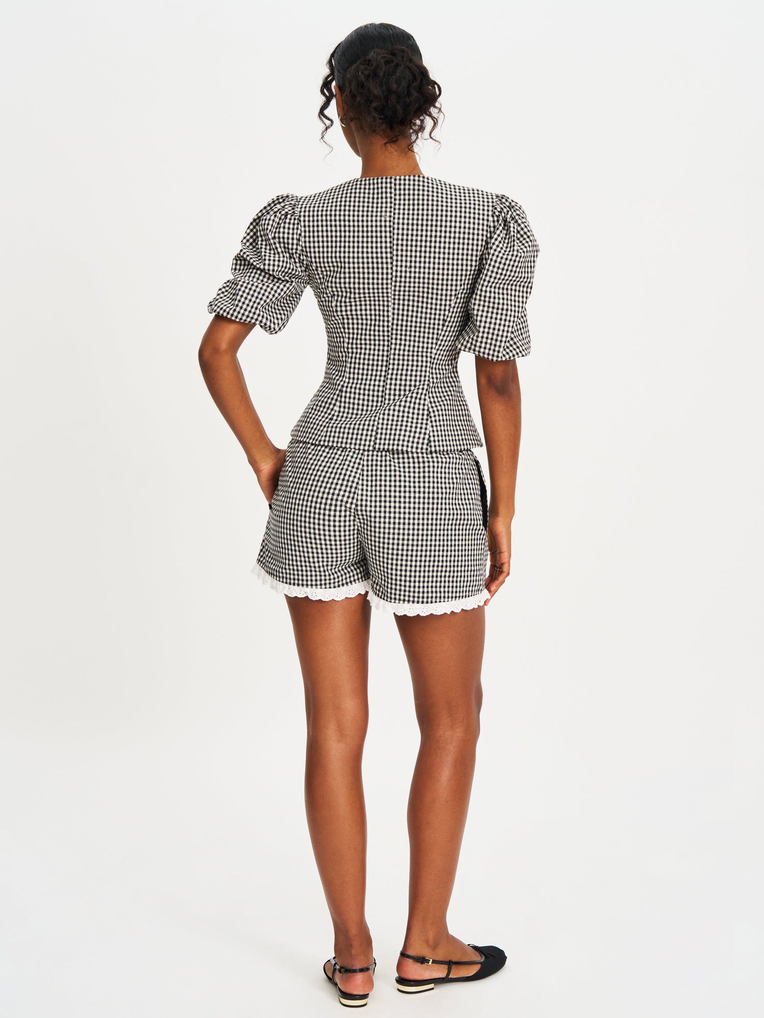Qutayla Cotton Lace Trim Shorts | Black Gingham