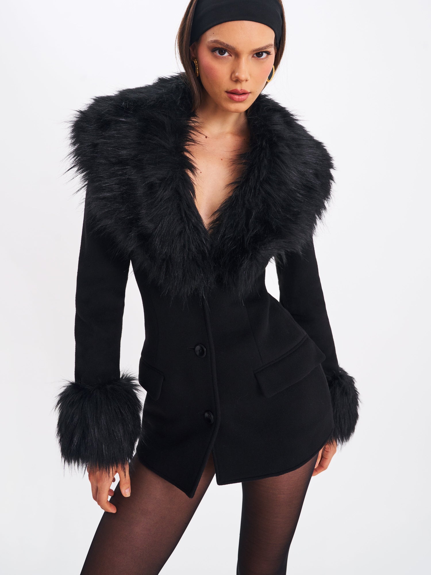 Hailee Single Breasted Wool Blend Mini Coat with Removable Fur Lapel | Black