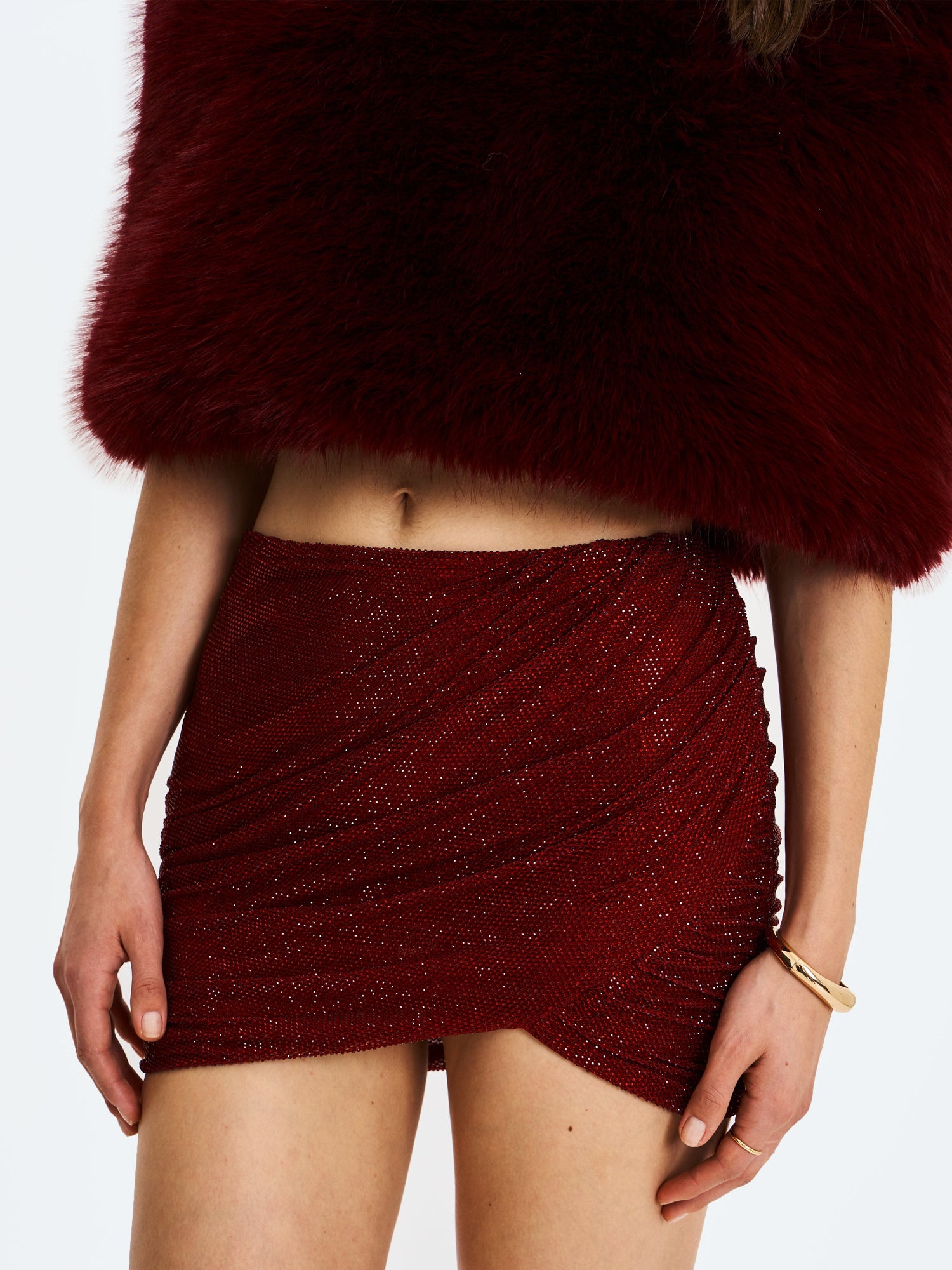 Darleen Rhinestone Mesh Low Waist Ruched Skirt | Crimson