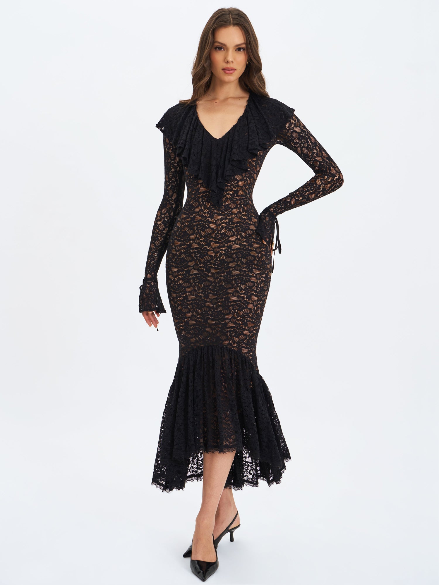 Parisa Lace Ruffled Mermaid Maxi Dress | Black