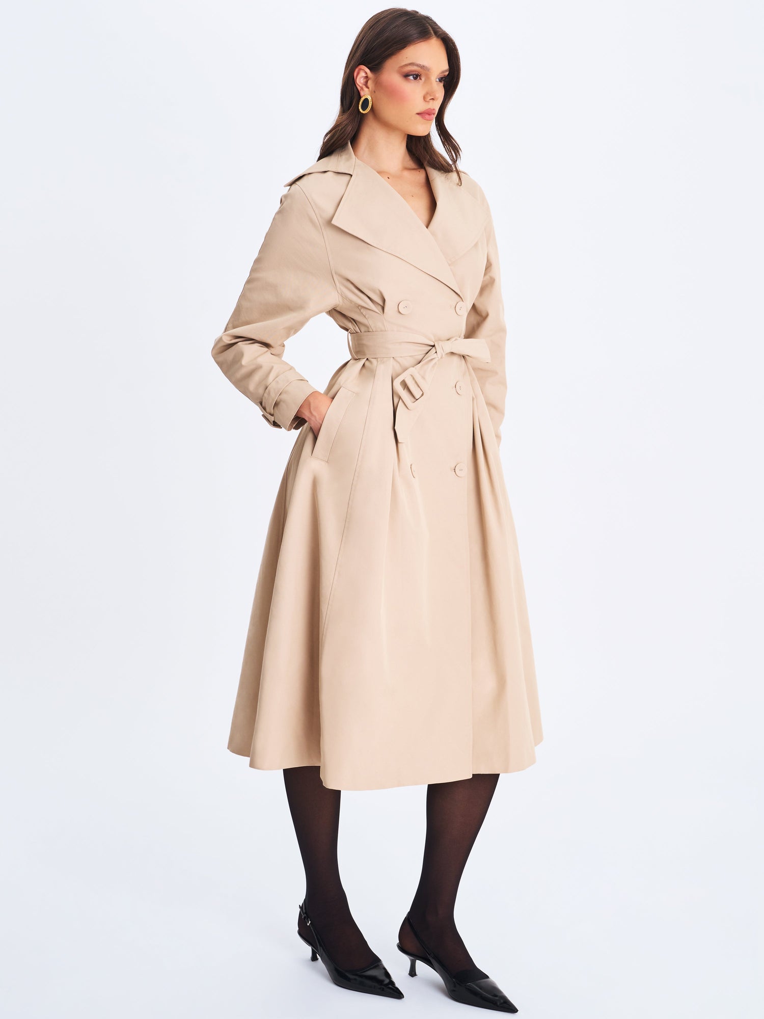 Ulila Double-Breasted Pleated Cotton-Blend Trench Coat | Beige