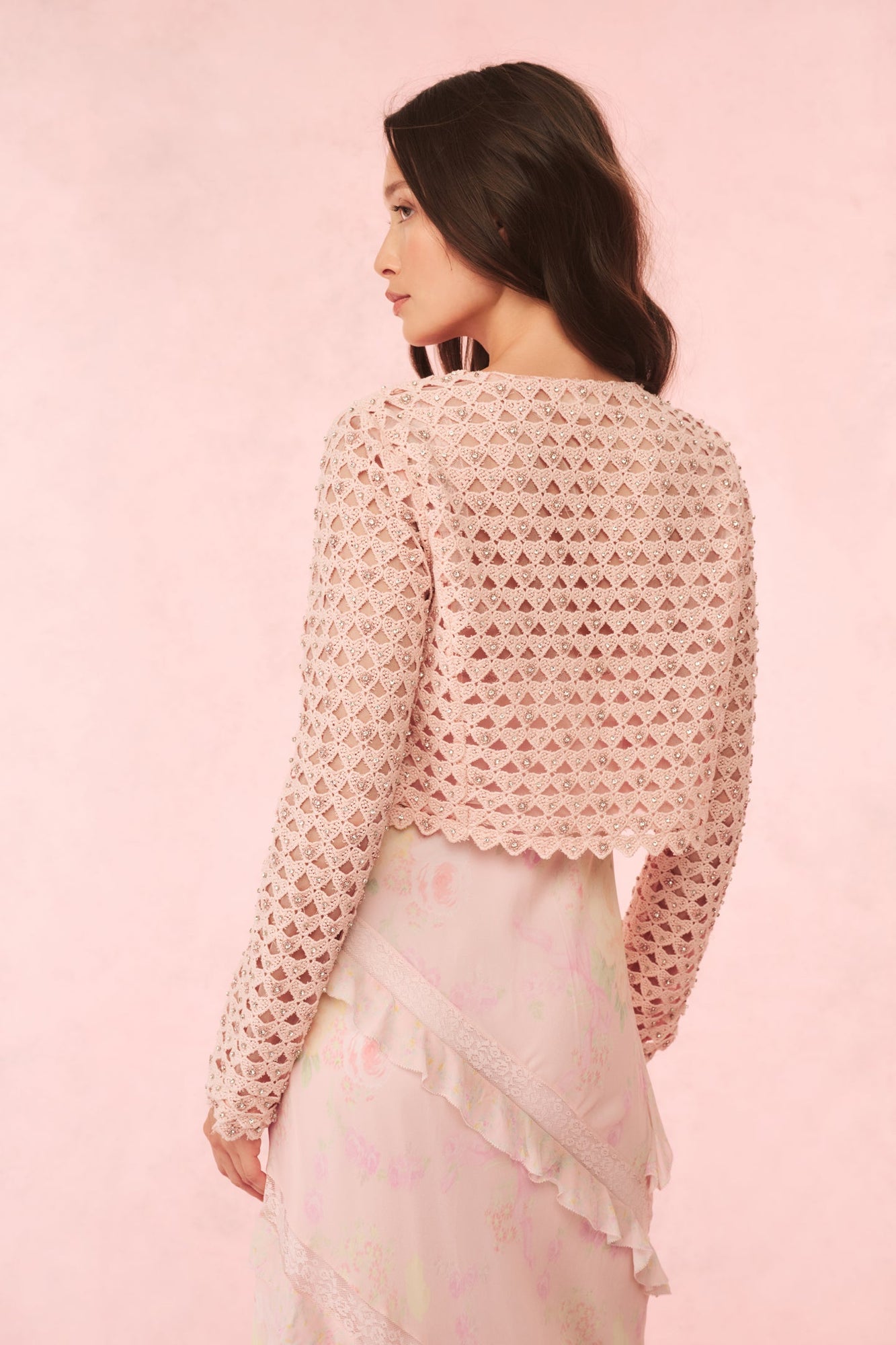 Alaya Rhinestone Cotton Lace Jacket | Cherished Pink