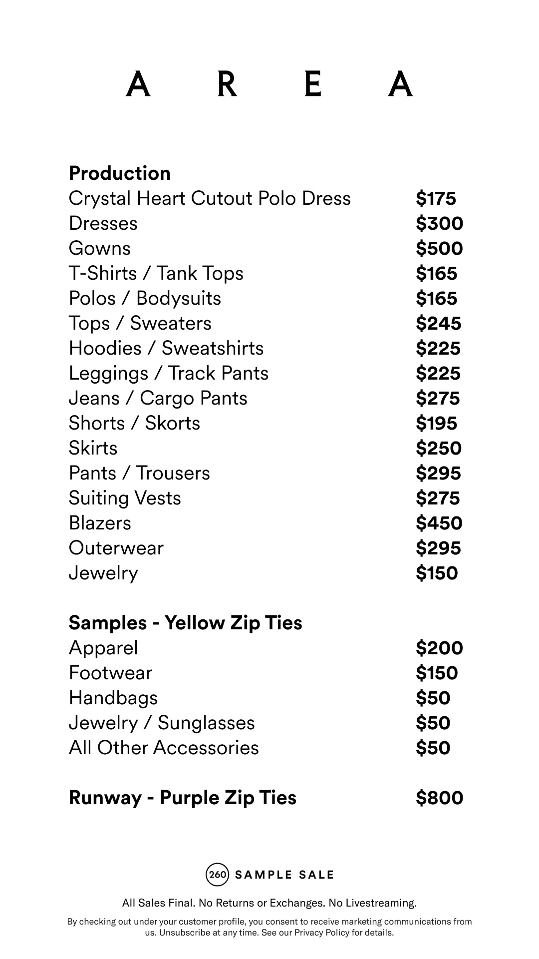 Price table