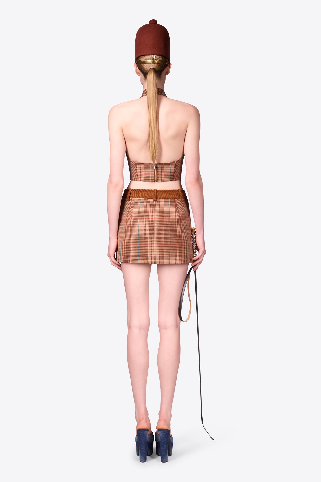 Crystal Button Checked Mini Skirt | Caramel Multi