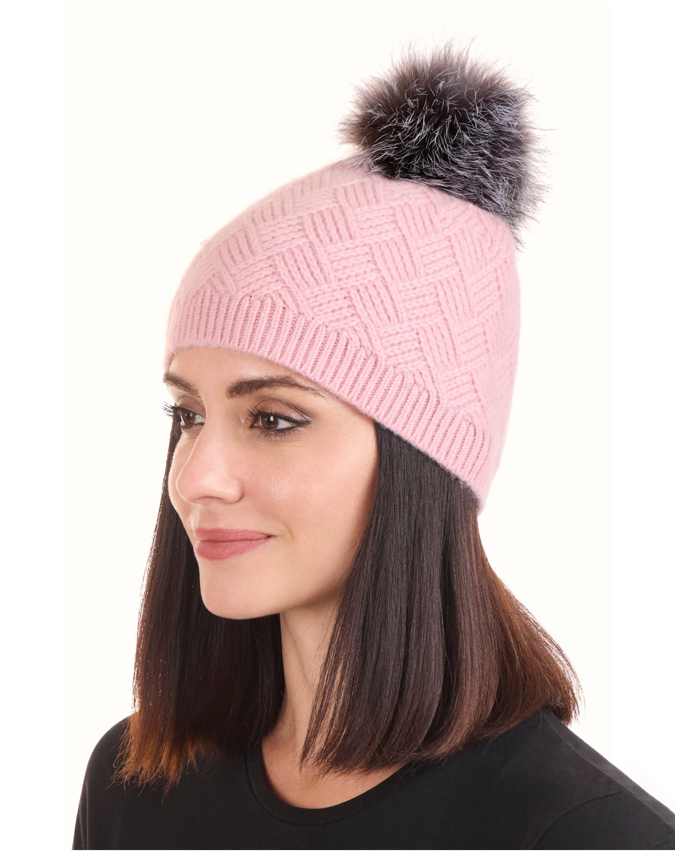 Amicale Cashmere | Women | Cashmere Basketweave Rib Hat W/ Fox Pom | Lt. Pink