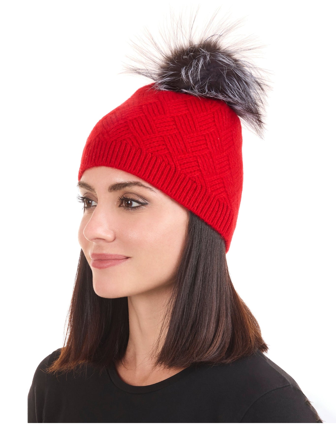 Amicale Cashmere | Women | Cashmere Basketweave Rib Hat W/ Fox Pom | Red