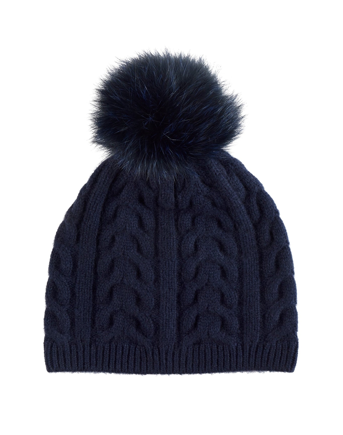Amicale Cashmere | Women | Cashmere Trellis Cable Knit Hat With Fox Pom | Navy