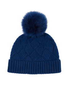 Amicale Cashmere | Women | Knit Cashmere Hat With Basketweave Design | Navy