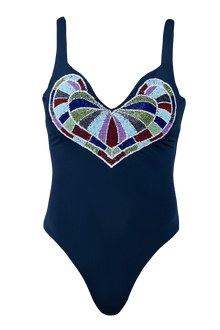 Amor Hand - Beaded Embellished One - Piece Swimsuit - Navy - Self - Adore