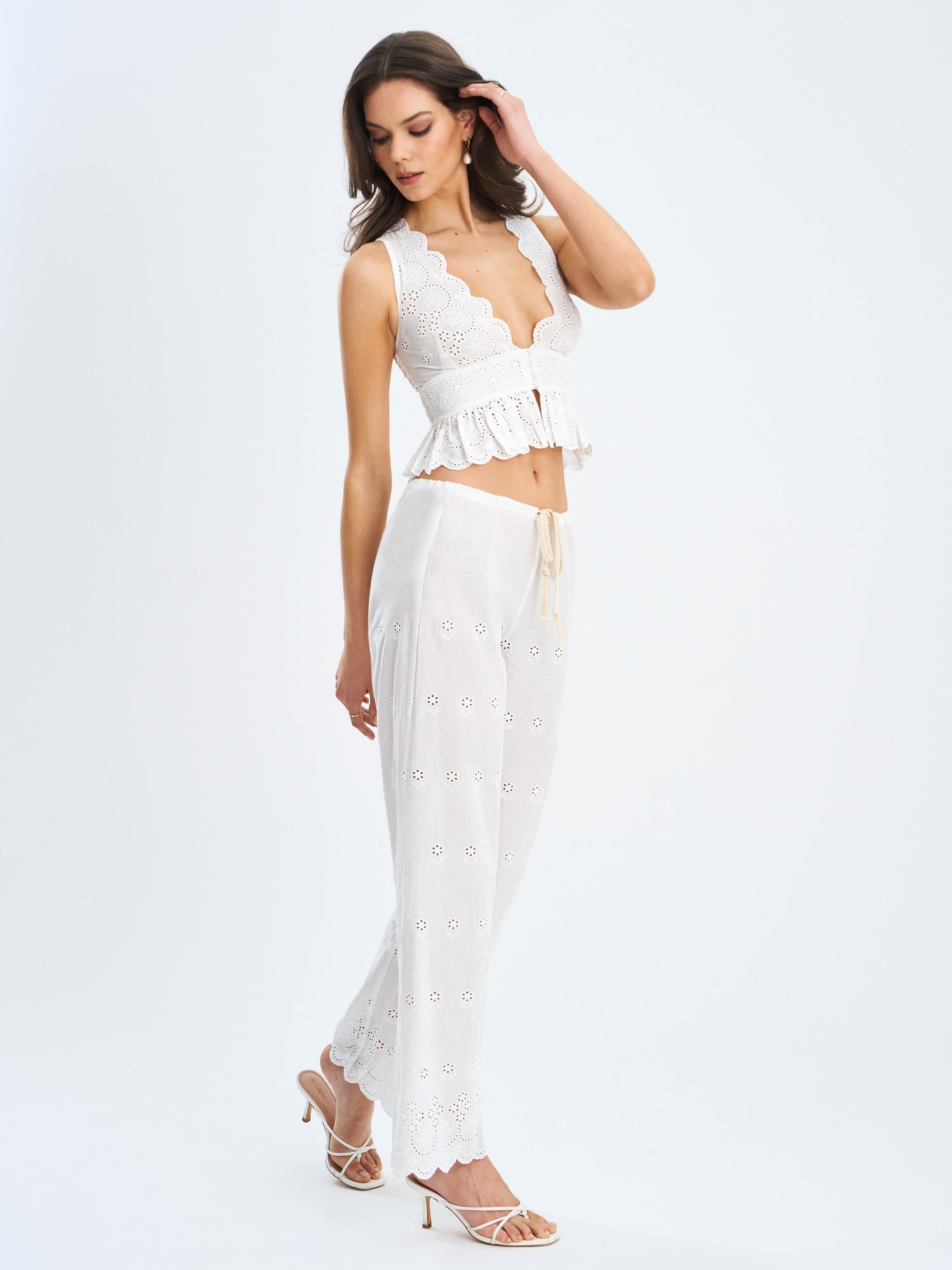 Raia Cotton Eyelet Scallop Trim Top | White