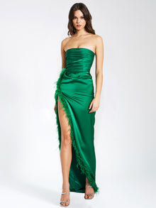 Perrin Feather Dress High Slit Gown | Emerald Green